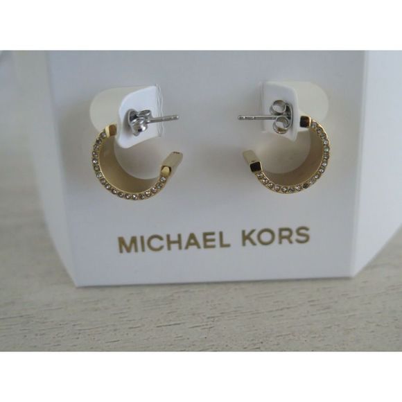 Michael Kors MKJX7845710 MK Monogram Yellow Gold Hoop Stud Earrings Crystals - Picture 4 of 10